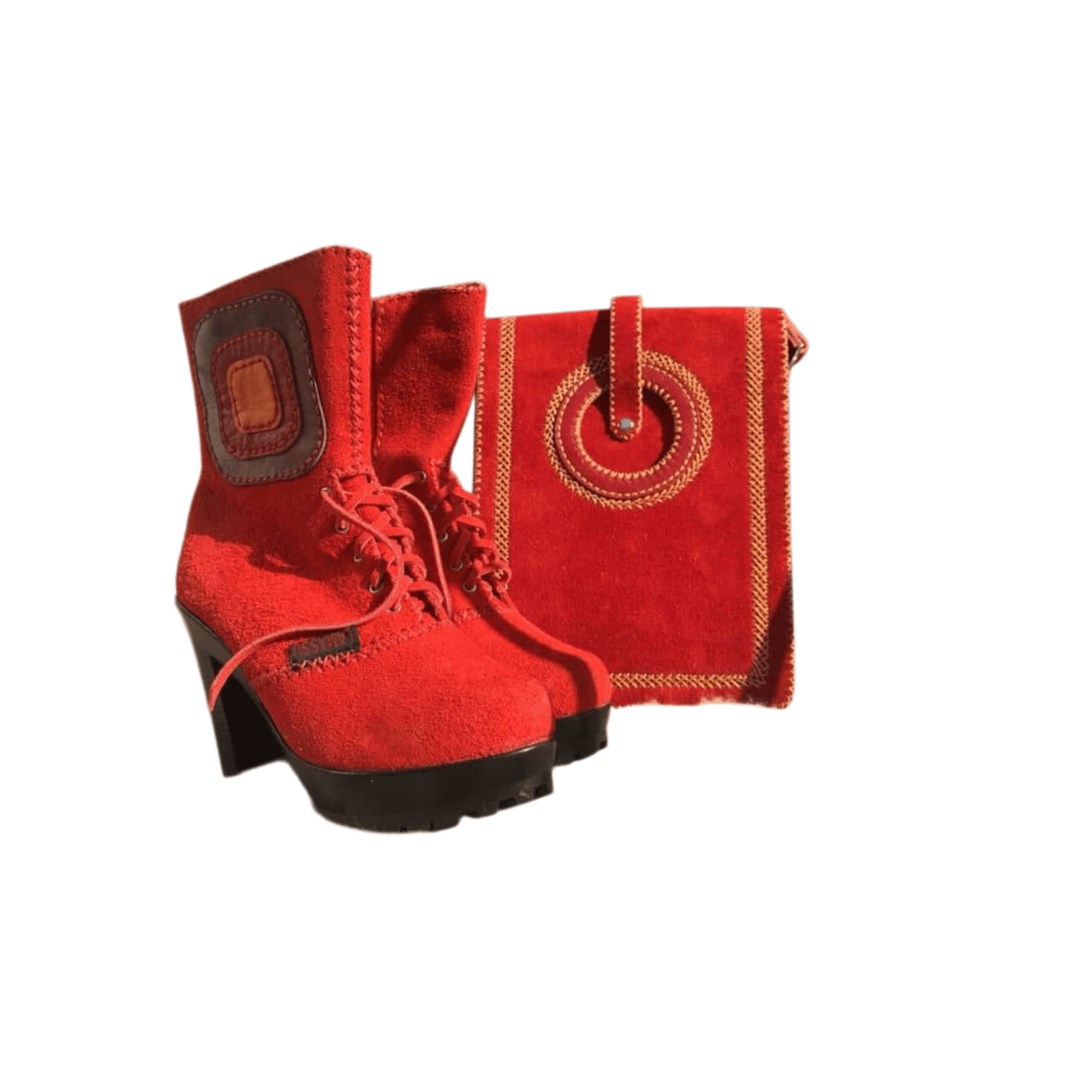 handmade leather bag and shoes, decorated with Balochi needlework embroidery persian crafts