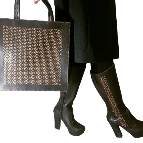 Fully handmade leather boots and bag, designed with traditional needlework embroidery persian crafts