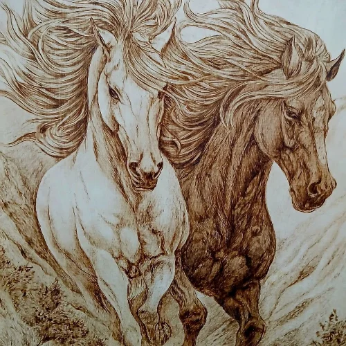 pyrography Running Horses persian crafts